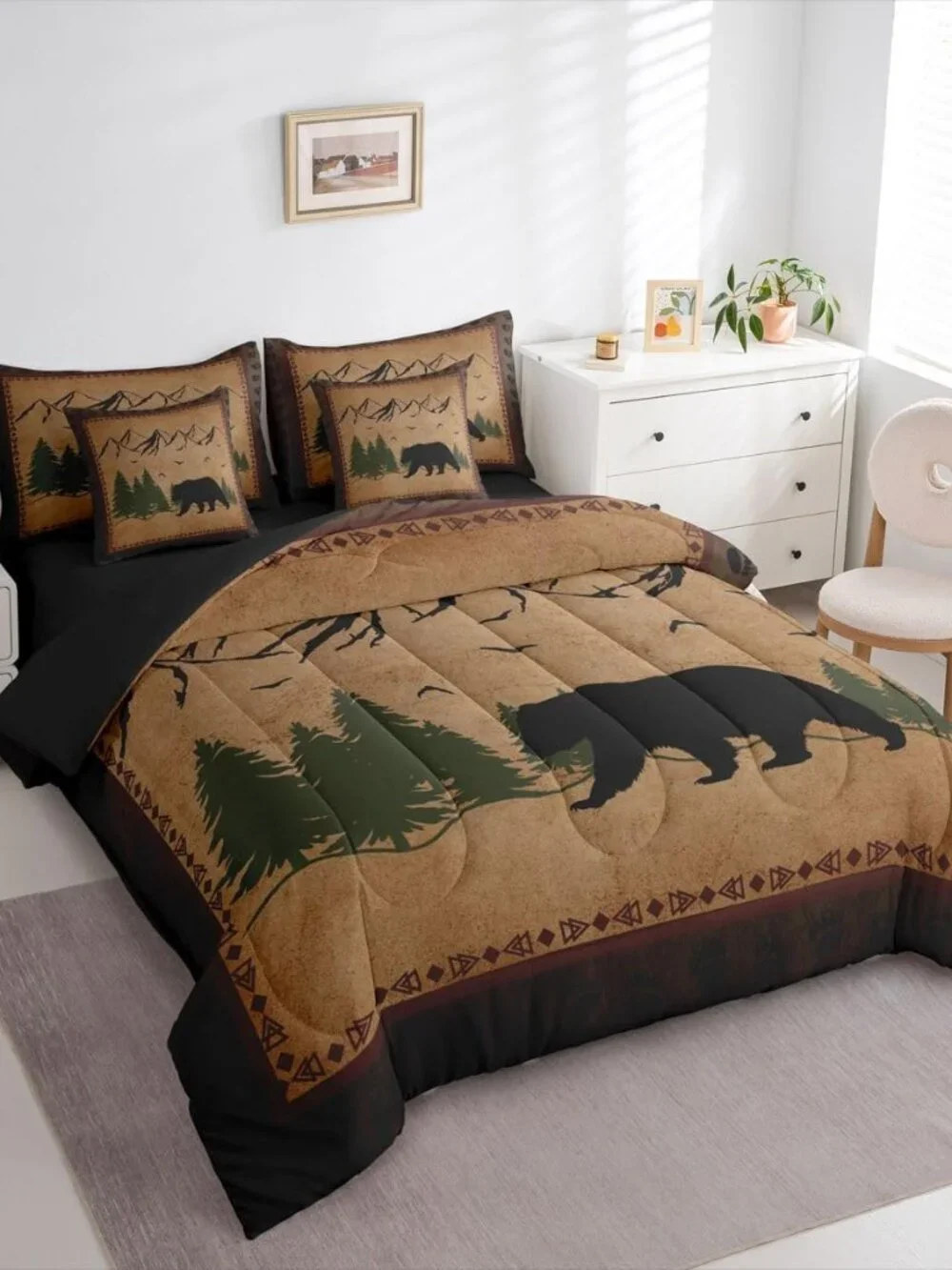 7 Pcs Bear Comforter Set King, Rustic Lodge Theme Bedding Sets for Kids Boys Tee